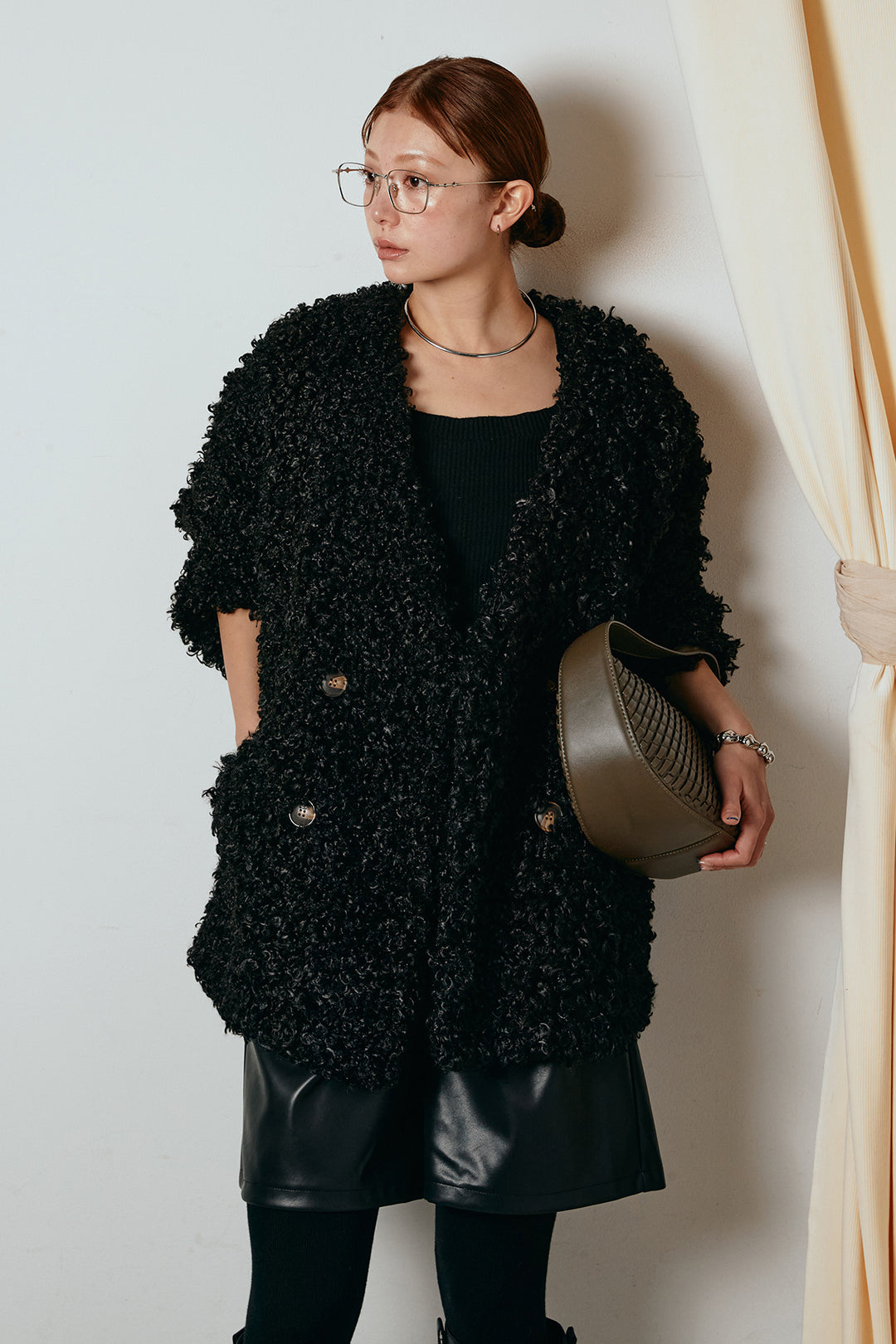 [SET]シープライクファージャケット+ストレッチエコレザーバミューダパンツ(2set)