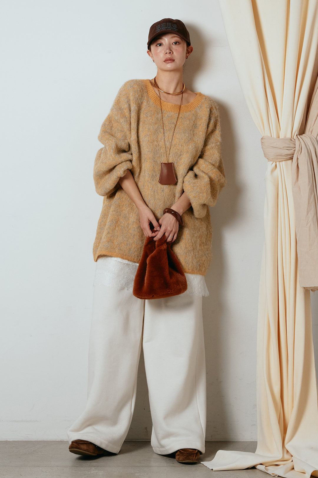 [SET]ボリュームスリーブミックスニットトップス+裏起毛スウェットワイドパンツ+レース切り替えキャミソール(3set)