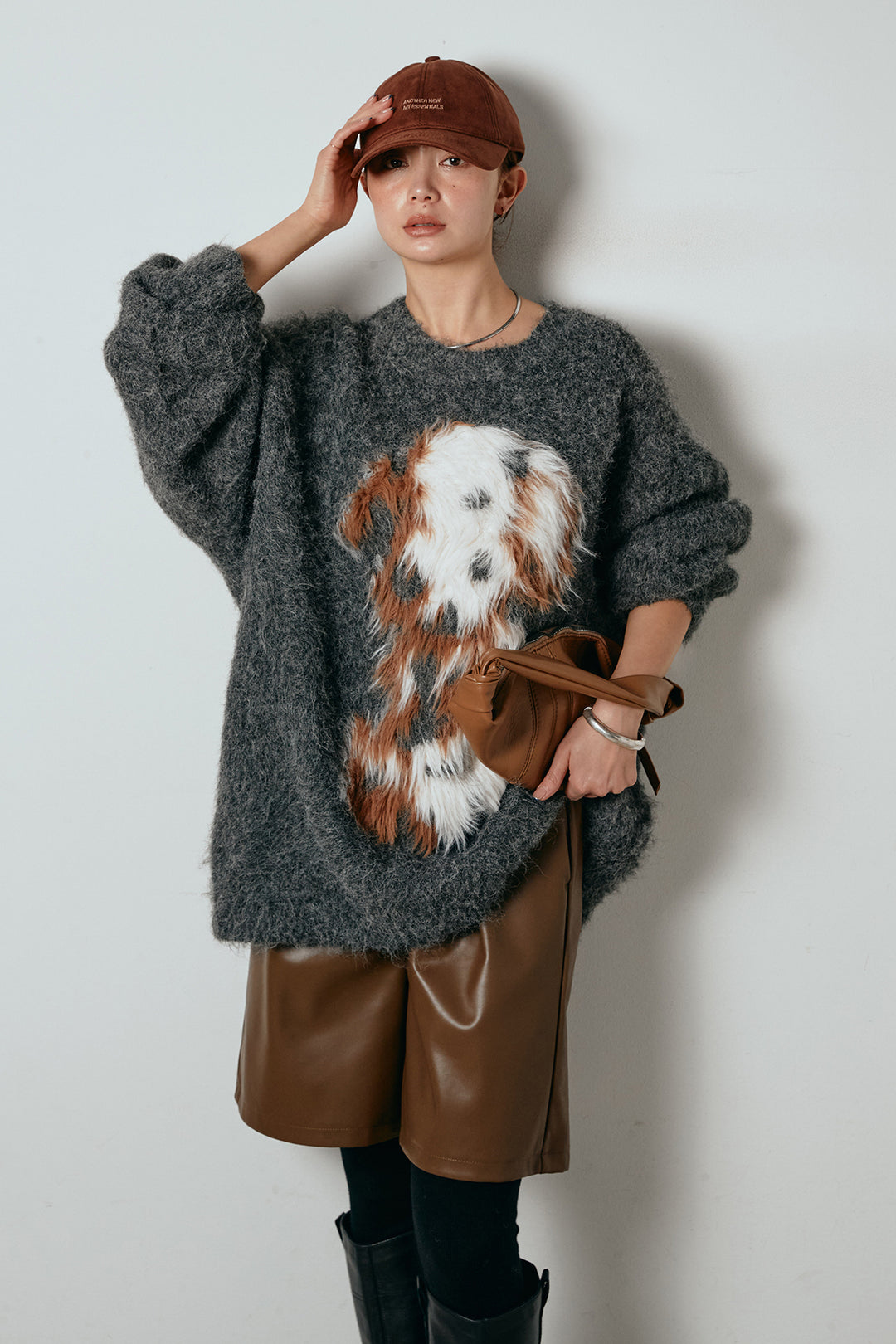 [SET]シャギーニュアンスアニマルニット+ストレッチエコレザーバミューダパンツ(2set)