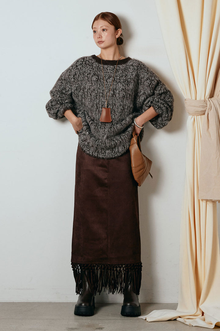 [SET]ボリュームスリーブミックスニットトップス+スウェードライク裾フリンジスカート(2set)