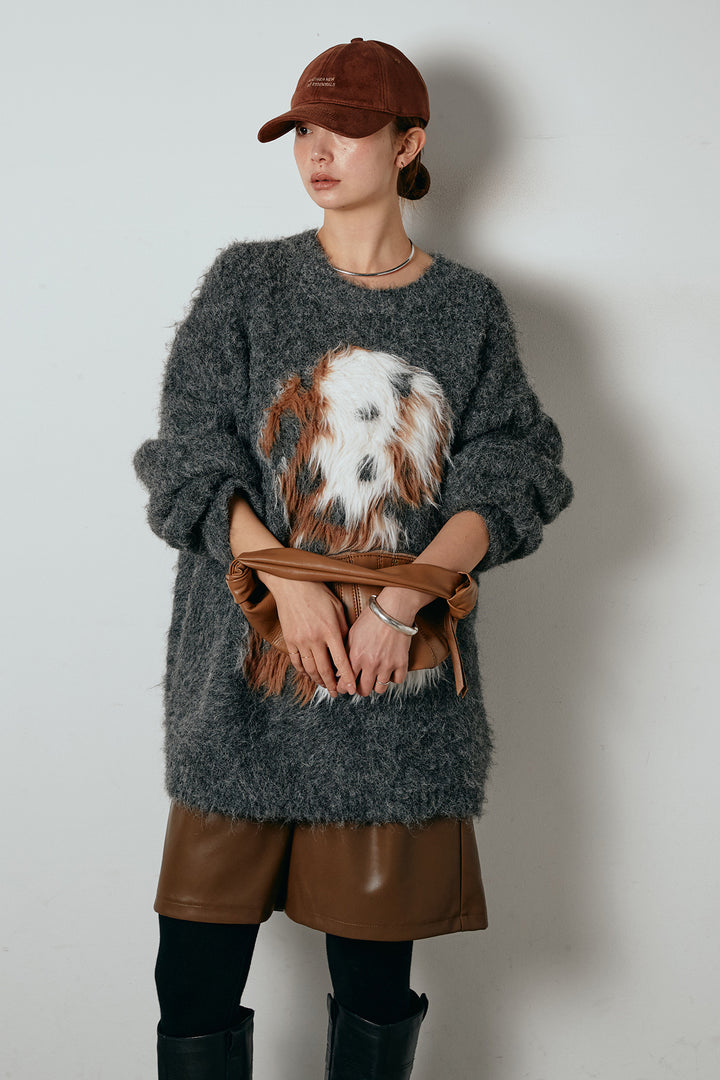 [SET]シャギーニュアンスアニマルニット+ストレッチエコレザーバミューダパンツ(2set)