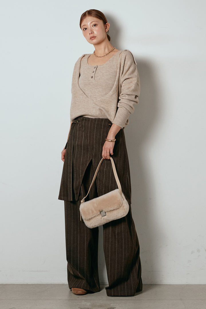 [SET]襟付きレイヤードニットトップス+細ストライプレイヤードデザインパンツ(2set)