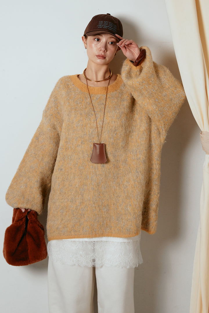 [SET]ボリュームスリーブミックスニットトップス+裏起毛スウェットワイドパンツ+レース切り替えキャミソール(3set)