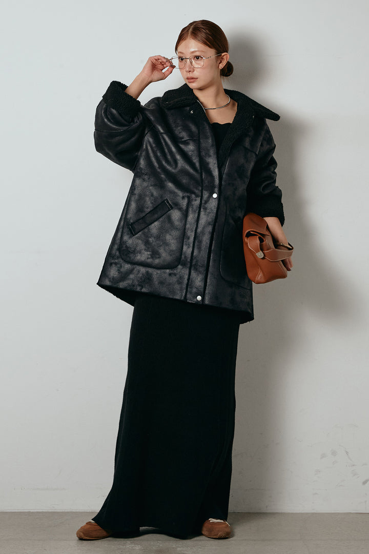 [SET]リバーシブルエコムートンコート+リブナローニットスカート(2set)