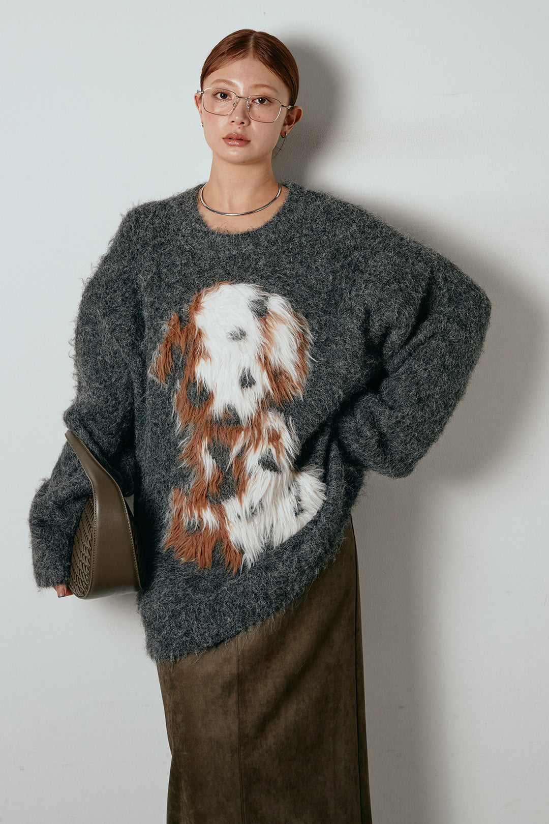 [SET]シャギーニュアンスアニマルニット+スウェードライク裾フリンジスカート(2set)