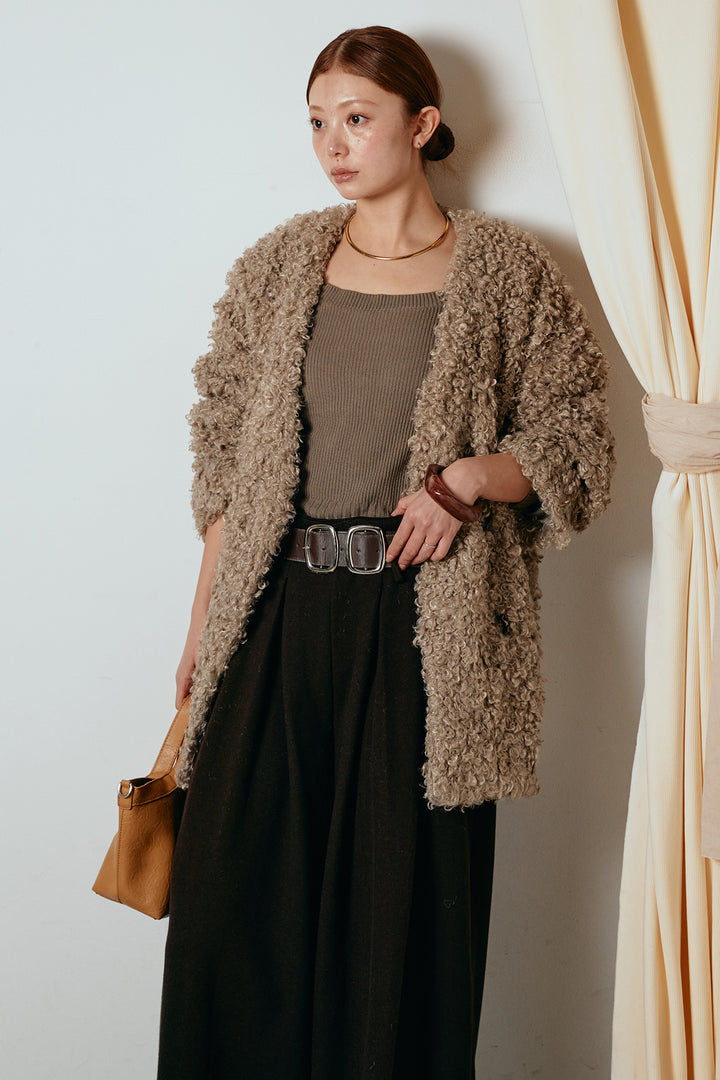 [SET]シープライクファージャケット+フェイクレザー太ベルト付きタックワイドパンツ(2set)