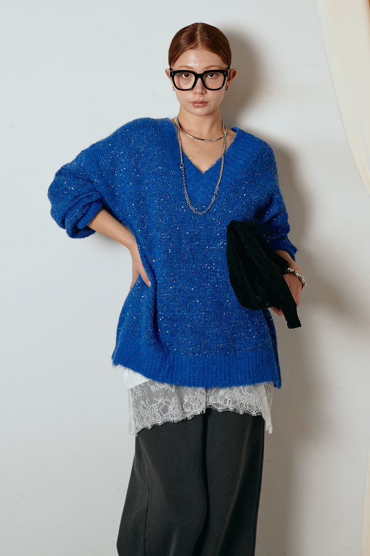 [SET]Vネックルーズラメニットトップス+裏起毛スウェットワイドパンツ(2set)