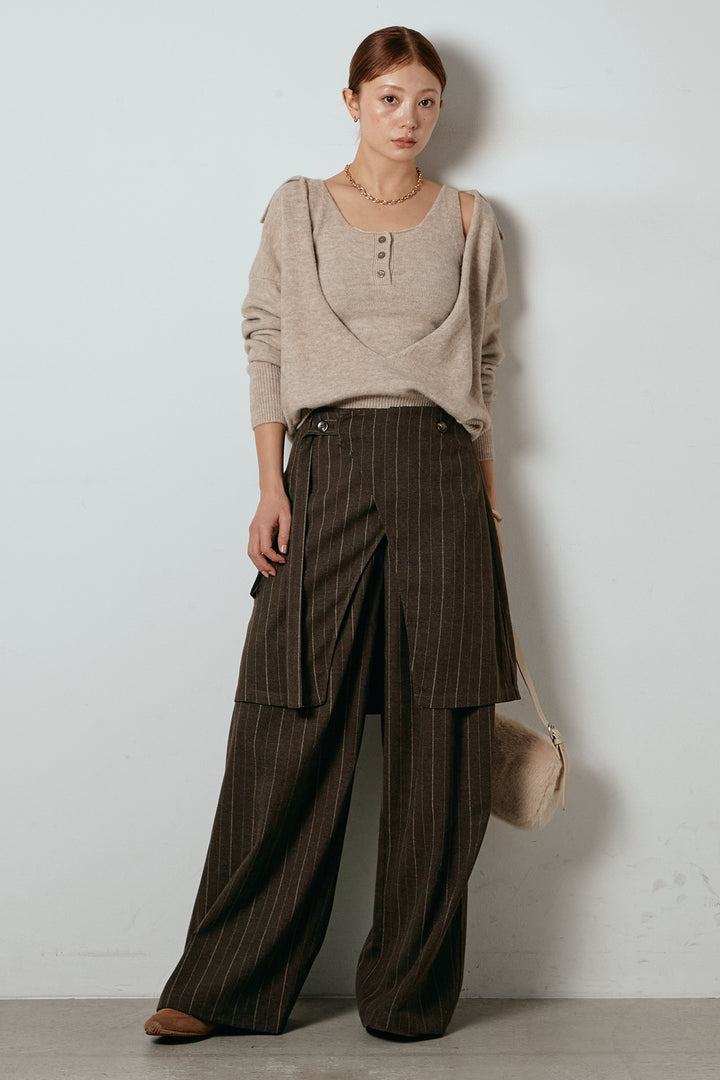 [SET]襟付きレイヤードニットトップス+細ストライプレイヤードデザインパンツ(2set)