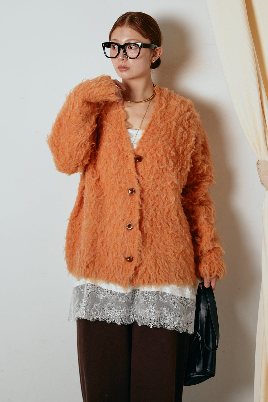 [SET]ルーズシャギーニットカーディガン+裏起毛スウェットワイドパンツ+レース切り替えキャミソール(3set)