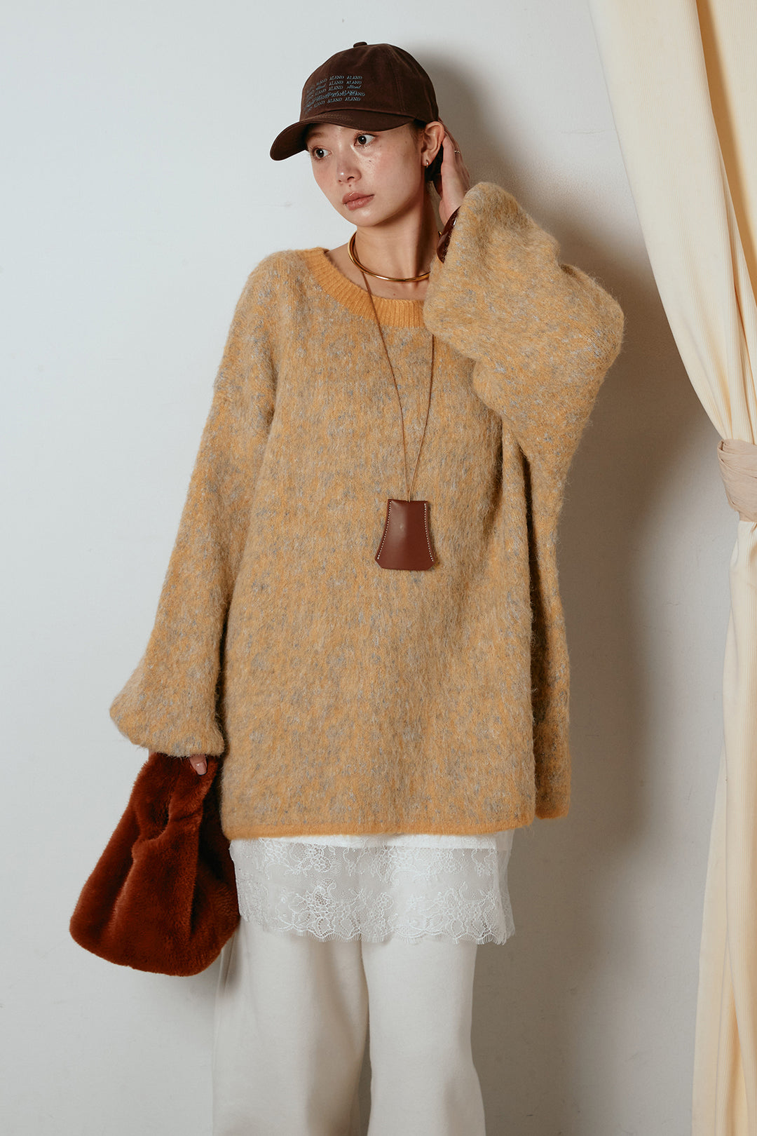 [SET]ボリュームスリーブミックスニットトップス+裏起毛スウェットワイドパンツ+レース切り替えキャミソール(3set)