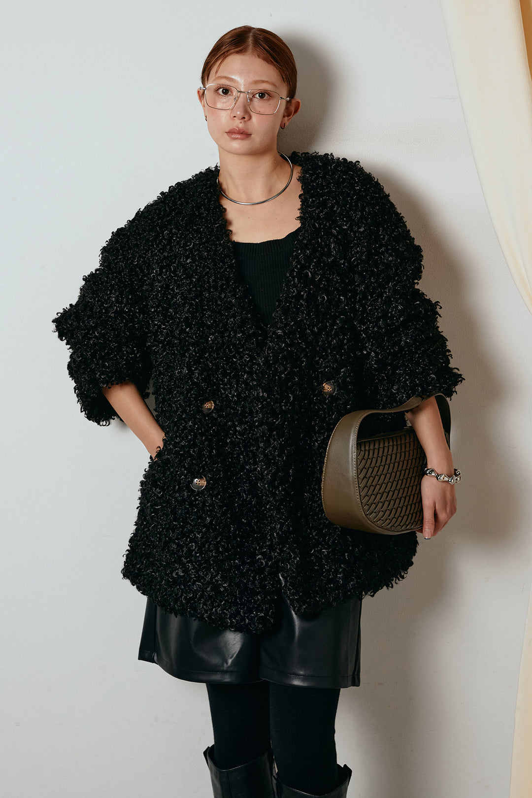 [SET]シープライクファージャケット+ストレッチエコレザーバミューダパンツ(2set)