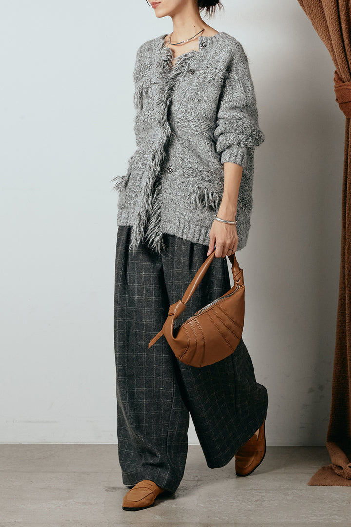 [SET]フリンジニットカーディガン+ウールライクチェックタックパンツ(2set)
