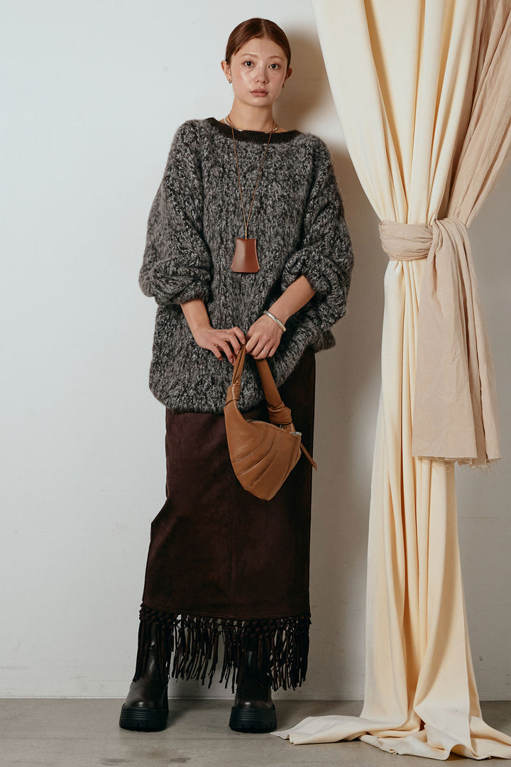 [SET]ボリュームスリーブミックスニットトップス+スウェードライク裾フリンジスカート(2set)