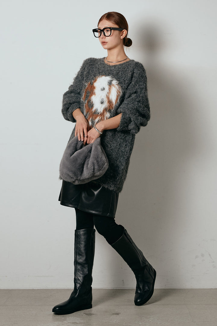 [SET]シャギーニュアンスアニマルニット+ストレッチエコレザーバミューダパンツ(2set)