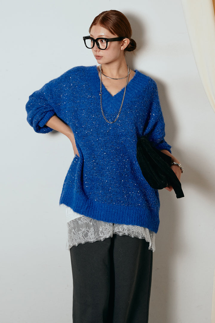 [SET]Vネックルーズラメニットトップス+裏起毛スウェットワイドパンツ(2set)