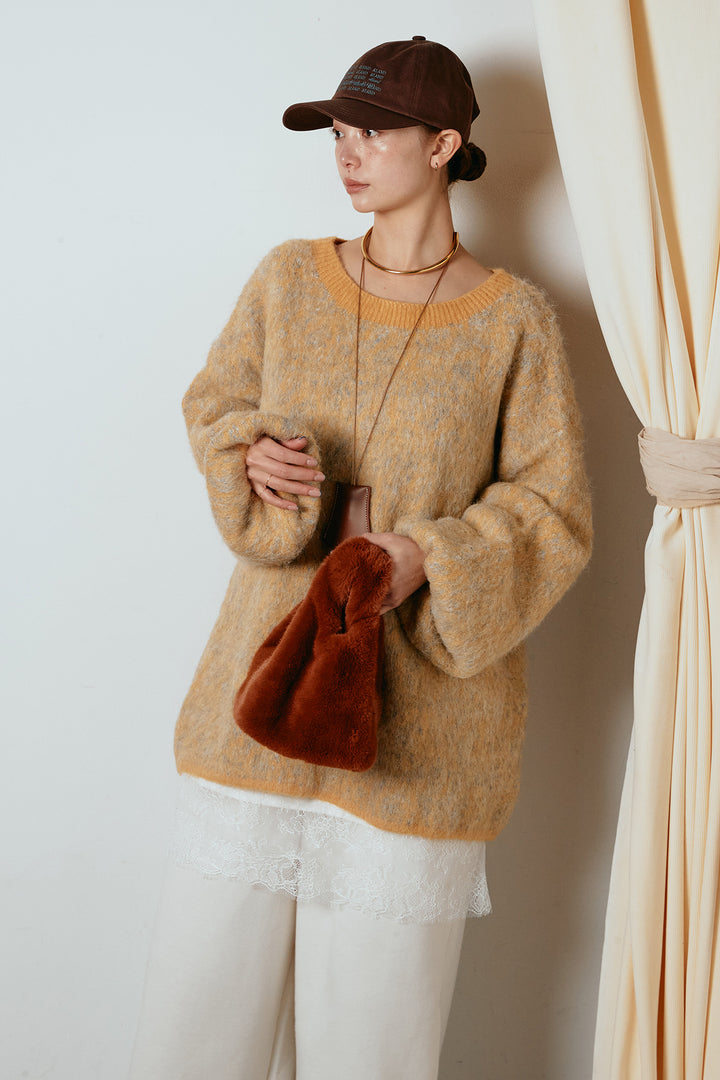 [SET]ボリュームスリーブミックスニットトップス+レース切り替えキャミソール(2set)