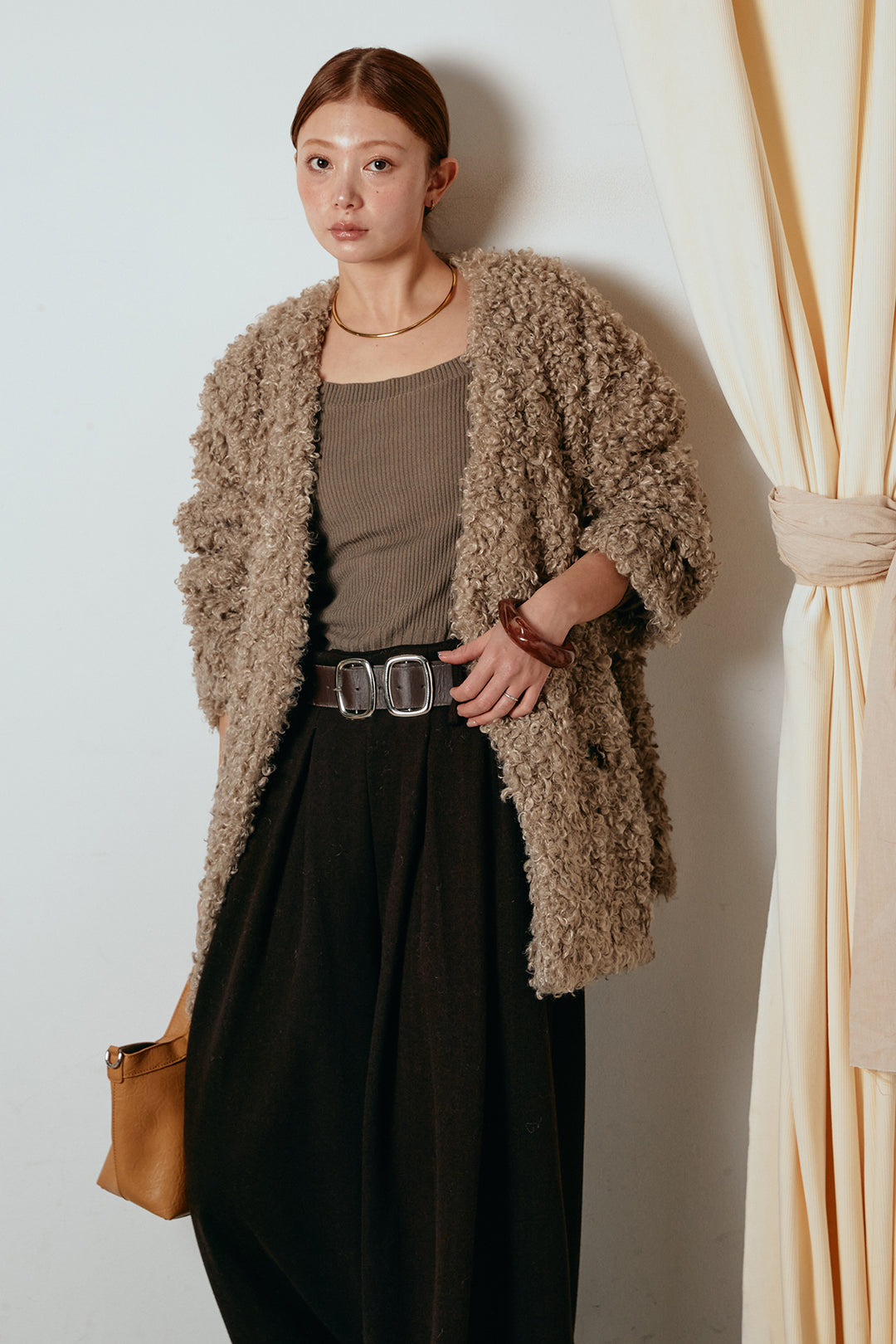 [SET]シープライクファージャケット+フェイクレザー太ベルト付きタックワイドパンツ(2set)