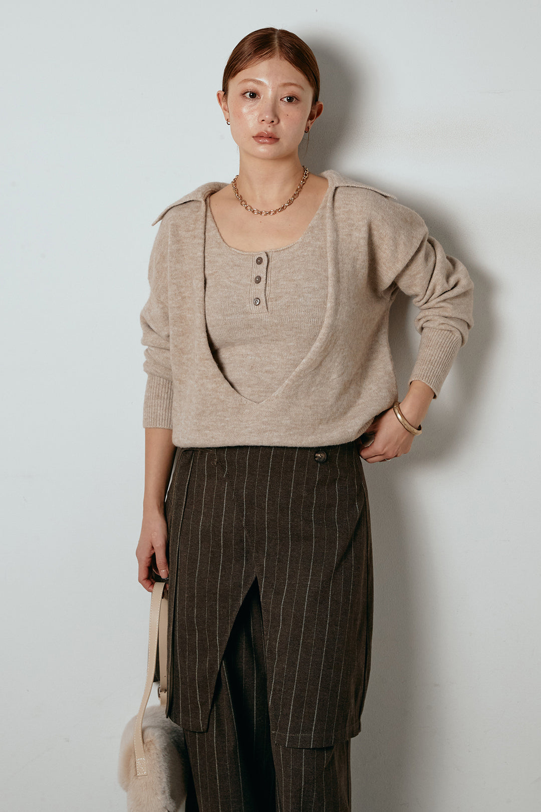 [SET]襟付きレイヤードニットトップス+細ストライプレイヤードデザインパンツ(2set)