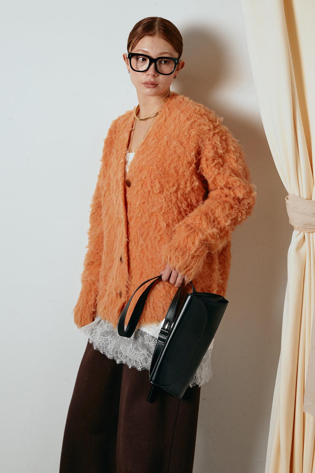 [SET]ルーズシャギーニットカーディガン+レース切り替えキャミソール(2set)