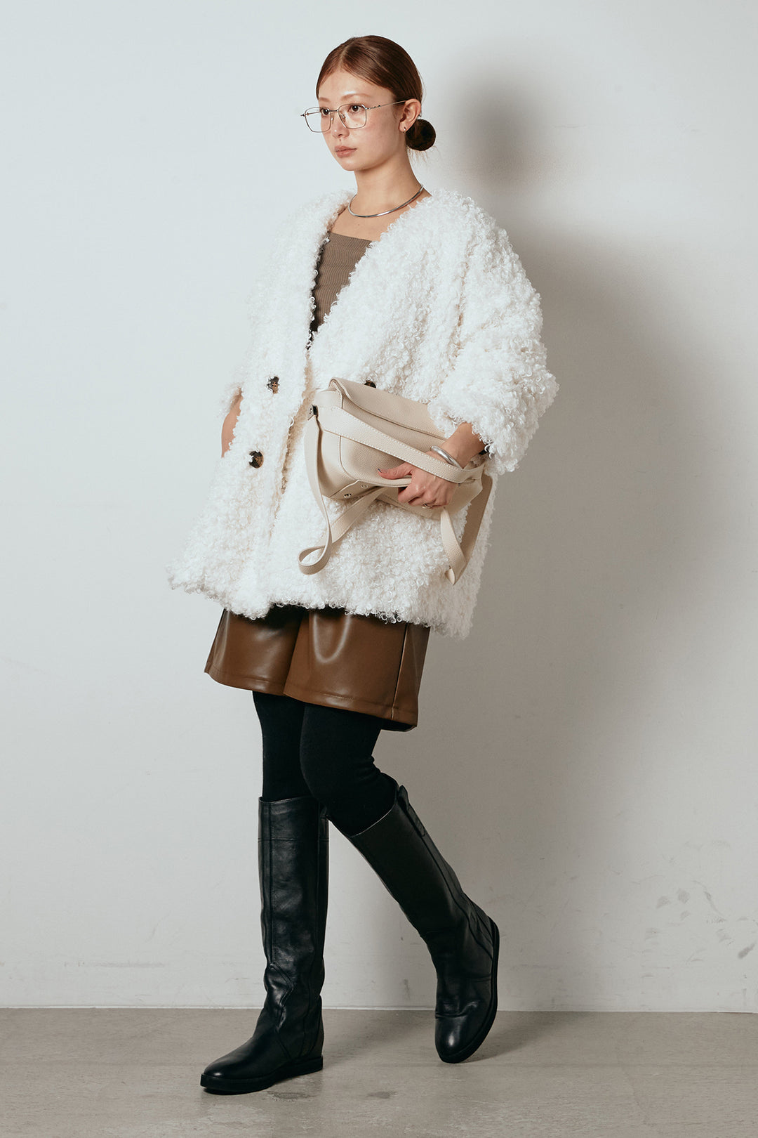 [SET]シープライクファージャケット+ストレッチエコレザーバミューダパンツ(2set)