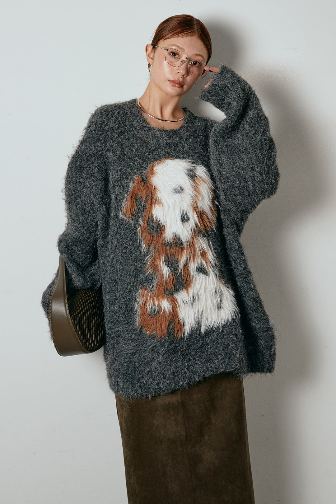 [SET]シャギーニュアンスアニマルニット+スウェードライク裾フリンジスカート(2set)