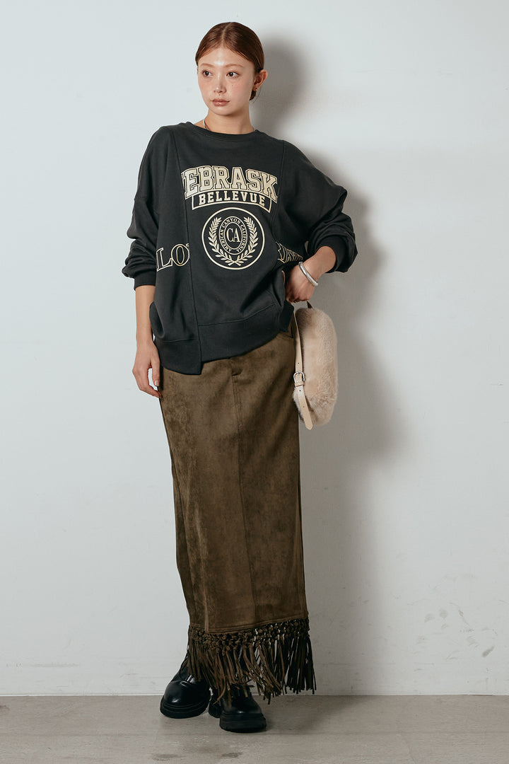 [SET]裏毛カレッジプリントプルオーバー+スウェードライク裾フリンジスカート(2set)