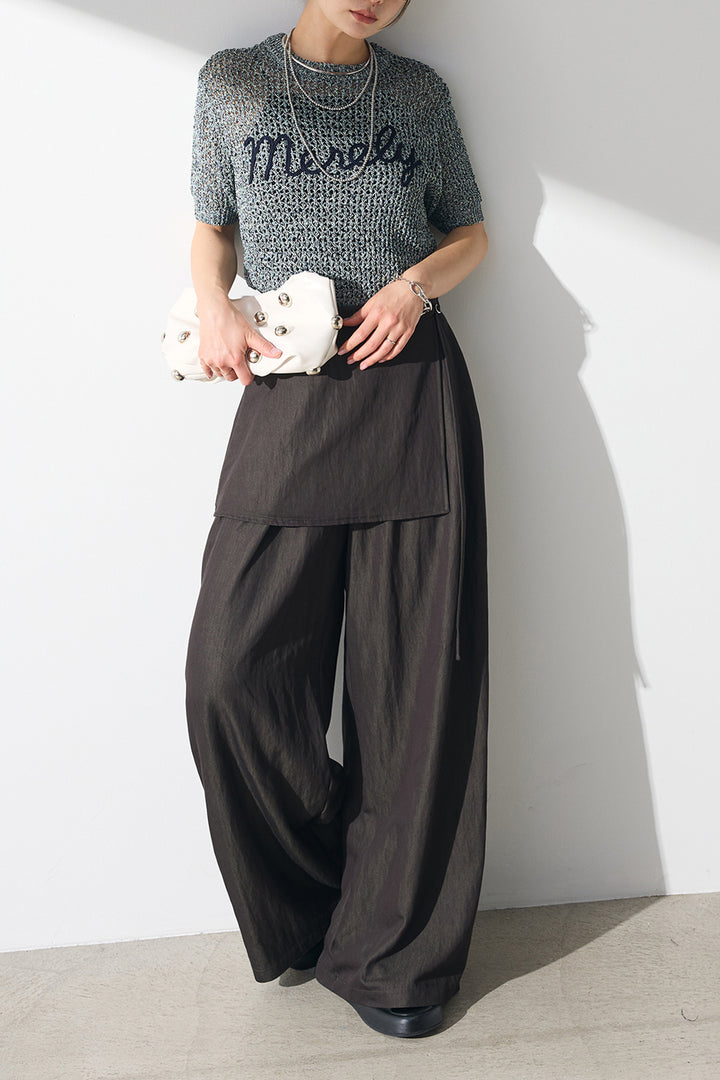 [SET]コード刺繍ロゴ入り麻タッチプルオーバー+ウエストレイヤードスカートパンツ(2set)