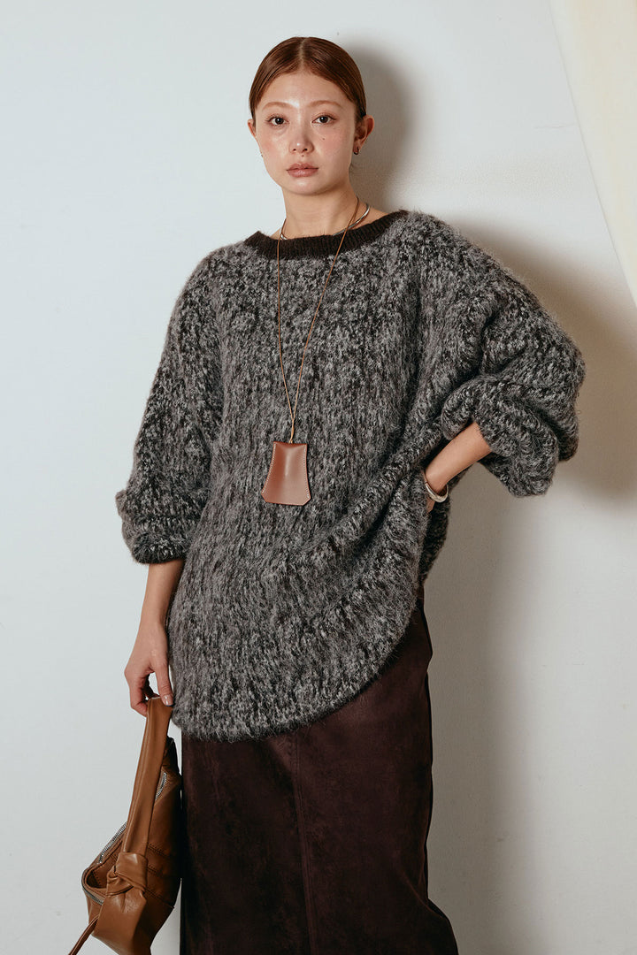 [SET]ボリュームスリーブミックスニットトップス+スウェードライク裾フリンジスカート(2set)