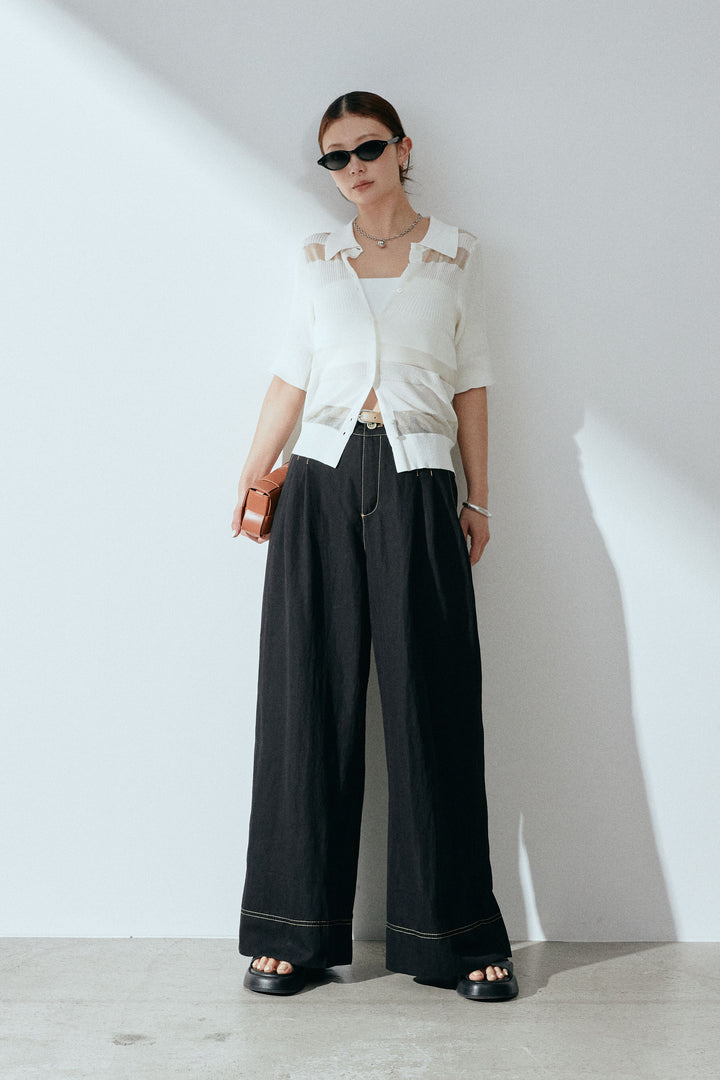 [SET]ミックス編みニットポロ+ベルト付きカラーワイドパンツ(2set)