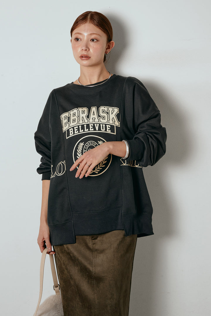 [SET]裏毛カレッジプリントプルオーバー+スウェードライク裾フリンジスカート(2set)