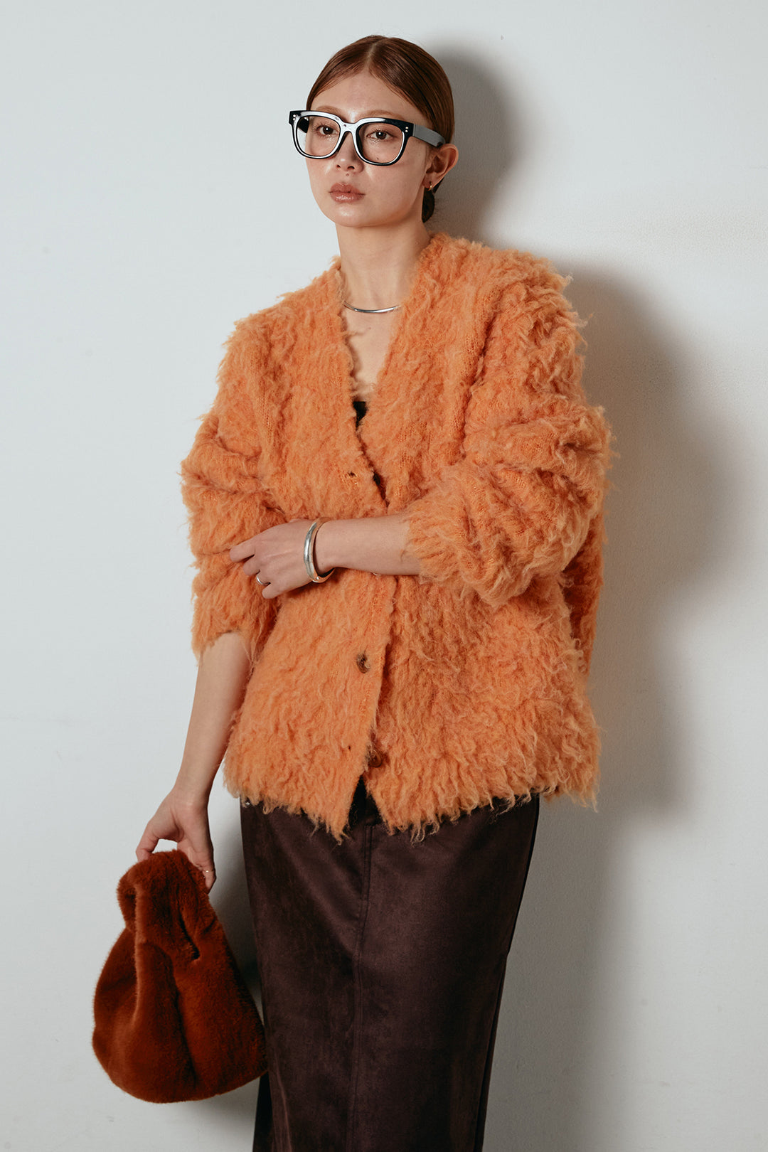 [SET]ルーズシャギーニットカーディガン+スウェードライク裾フリンジスカート(2set)