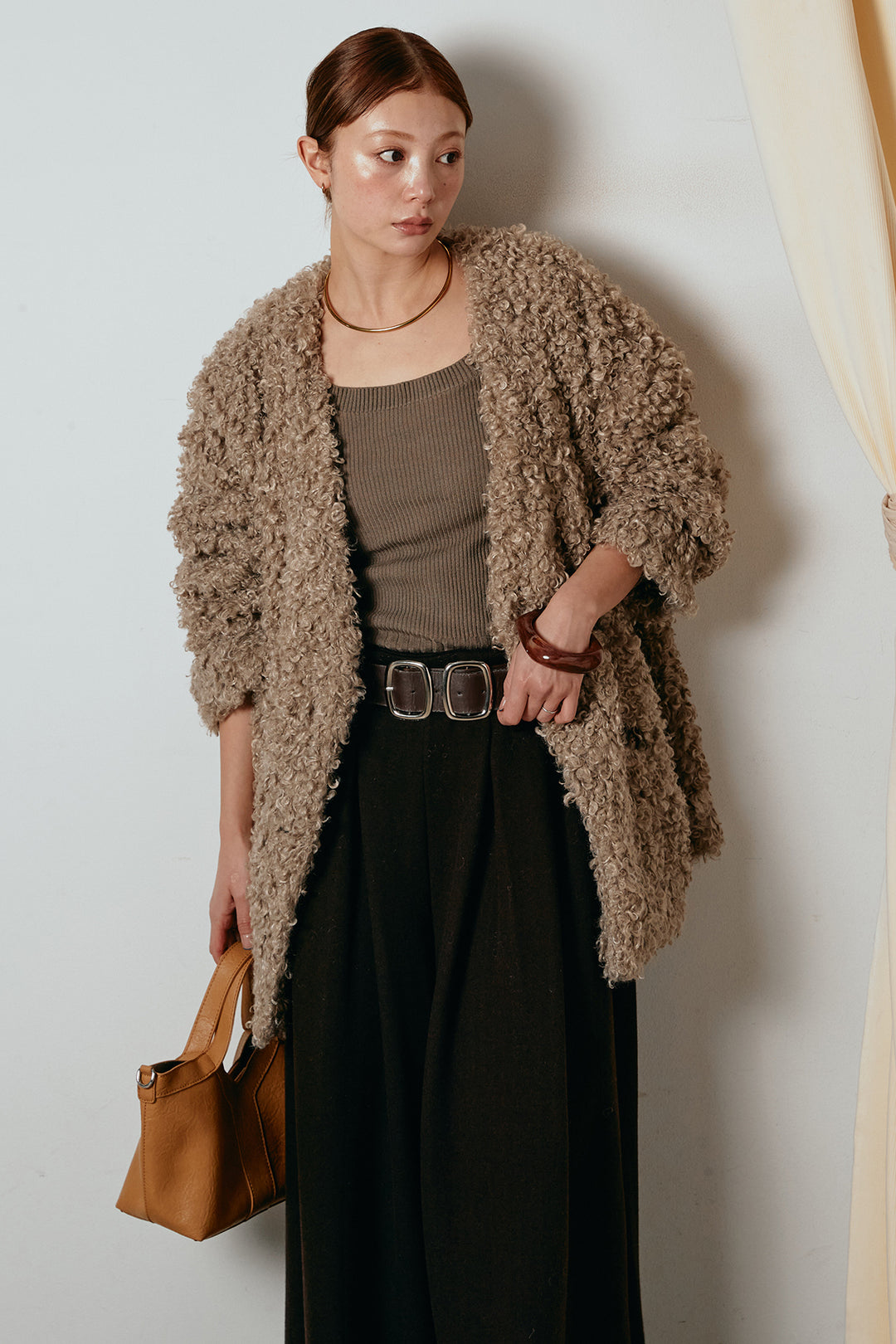 [SET]シープライクファージャケット+フェイクレザー太ベルト付きタックワイドパンツ(2set)