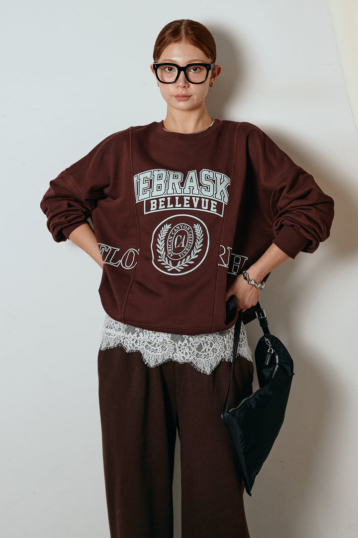 [SET]裏毛カレッジプリントプルオーバー+裏起毛スウェットワイドパンツ+カップ付きレースドッキングキャミソール(3set)