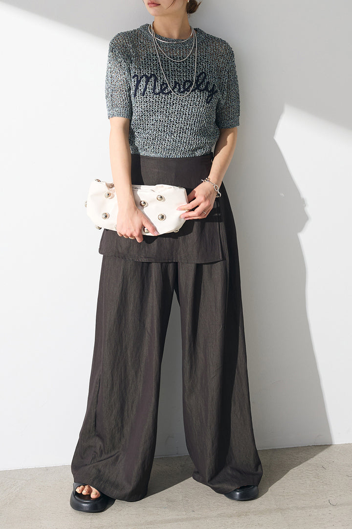 [SET]コード刺繍ロゴ入り麻タッチプルオーバー+ウエストレイヤードスカートパンツ(2set)