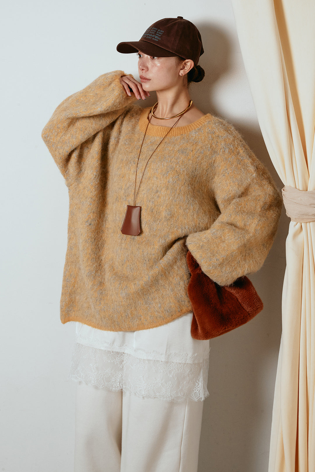 [SET]ボリュームスリーブミックスニットトップス+裏起毛スウェットワイドパンツ(2set)