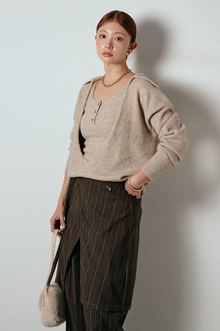 [SET]襟付きレイヤードニットトップス+細ストライプレイヤードデザインパンツ(2set)