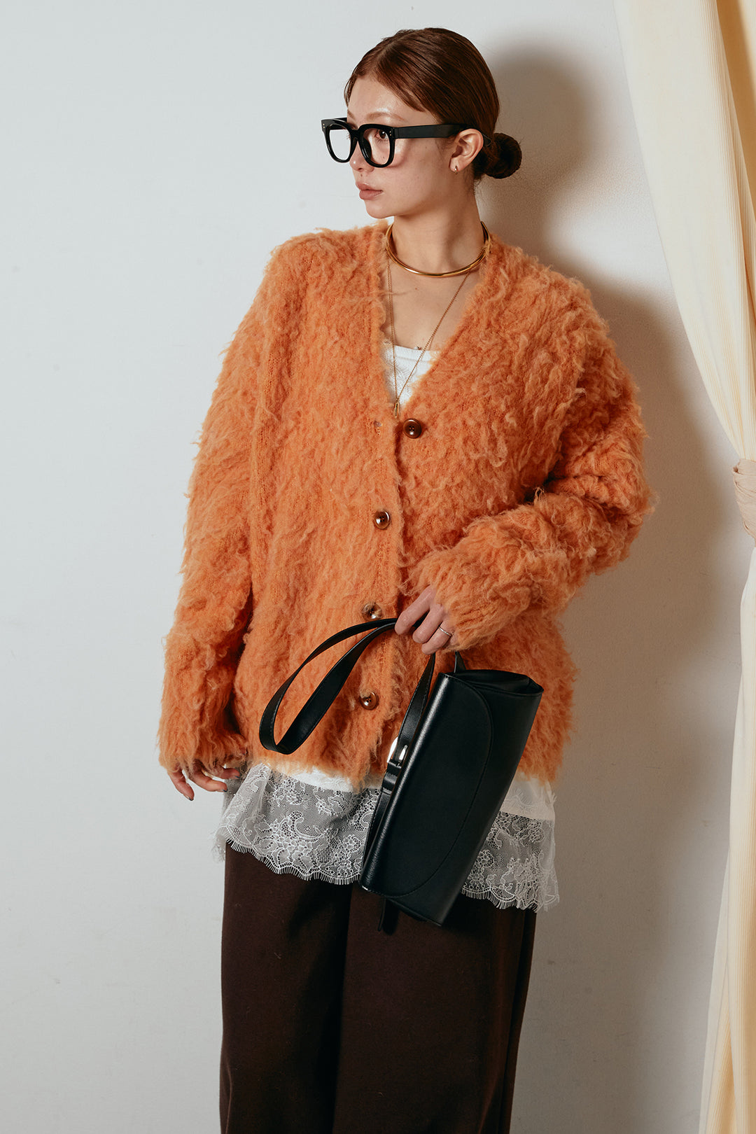 [SET]ルーズシャギーニットカーディガン+裏起毛スウェットワイドパンツ+レース切り替えキャミソール(3set)