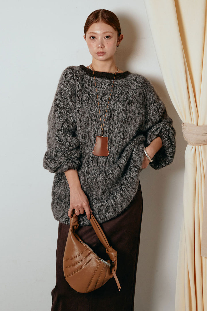 [SET]ボリュームスリーブミックスニットトップス+スウェードライク裾フリンジスカート(2set)