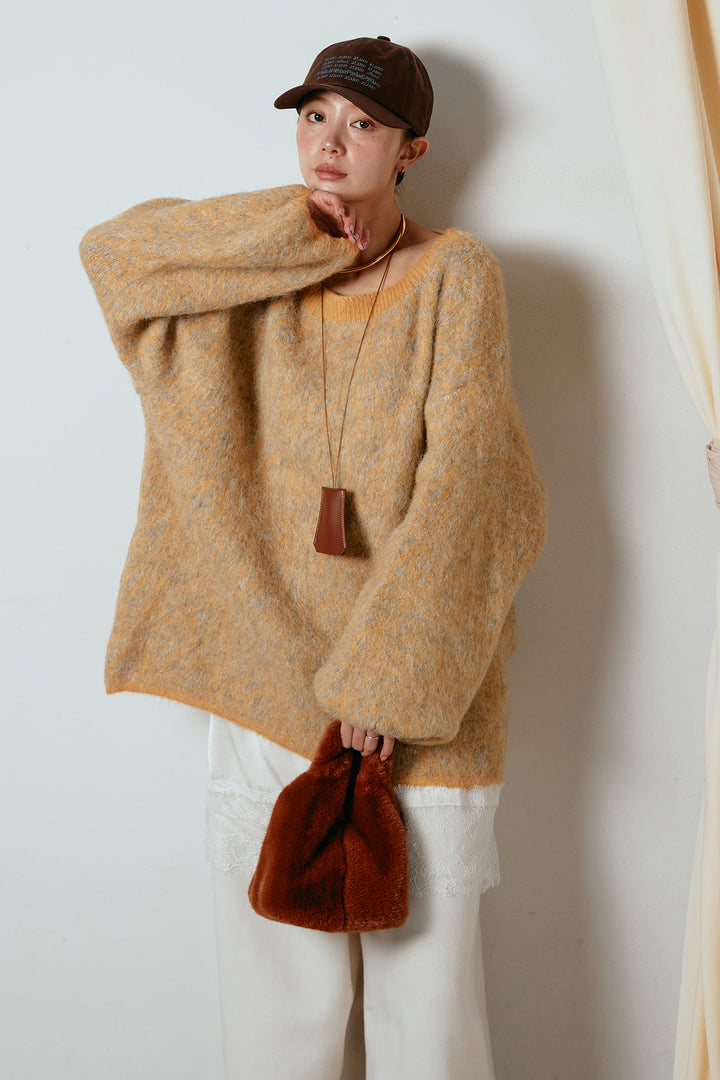 [SET]ボリュームスリーブミックスニットトップス+レース切り替えキャミソール(2set)