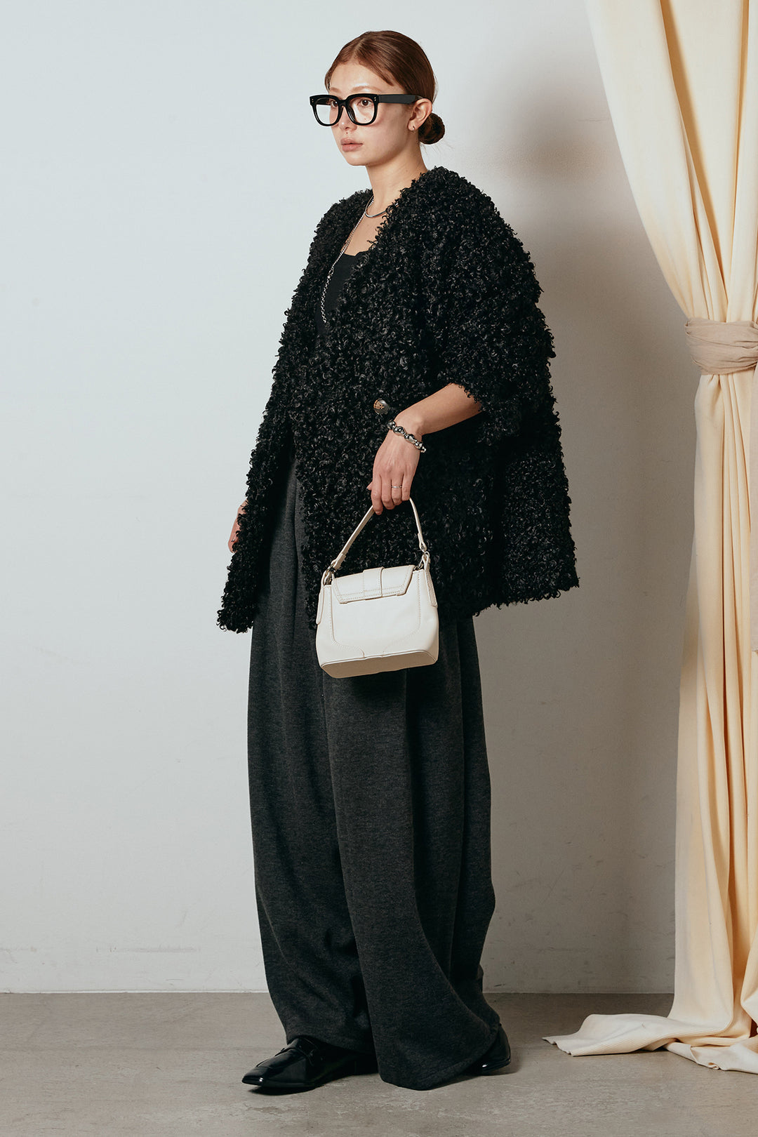 [SET]シープライクファージャケット+フェイクレザー太ベルト付きタックワイドパンツ(2set)