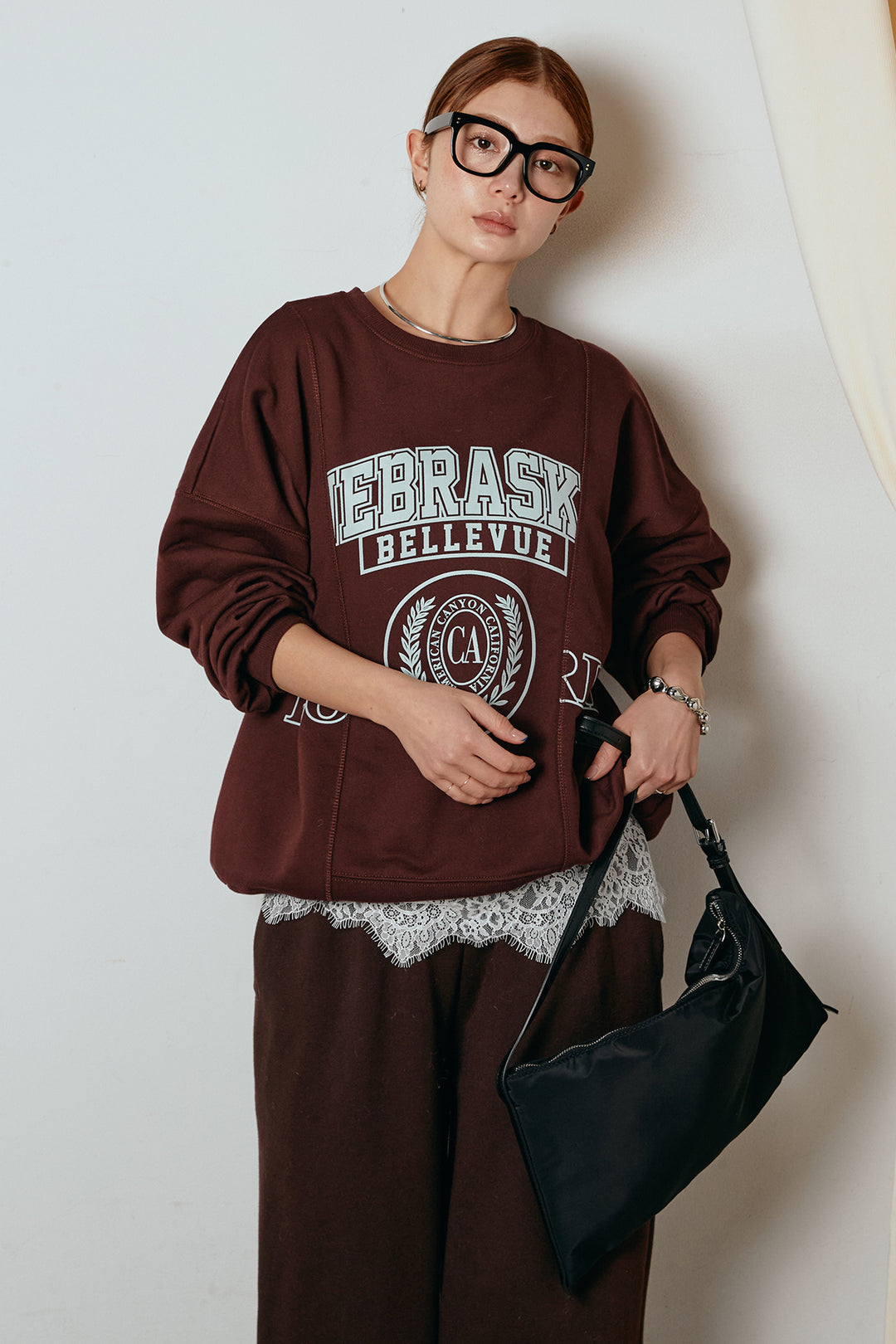 [SET]裏毛カレッジプリントプルオーバー+カップ付きレースドッキングキャミソール(2set)