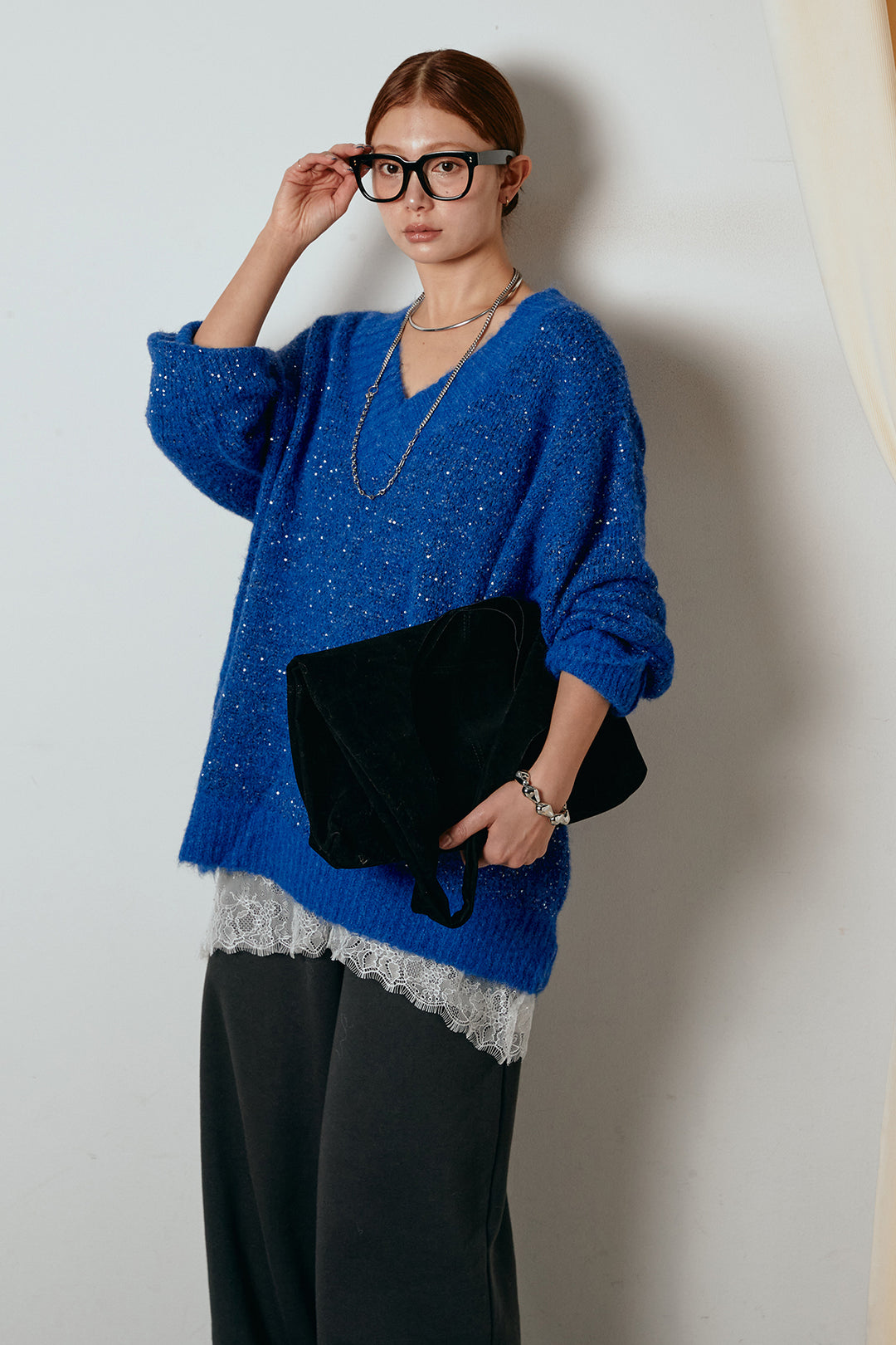 [SET]Vネックルーズラメニットトップス+裏起毛スウェットワイドパンツ+レース切り替えキャミソール(3set)