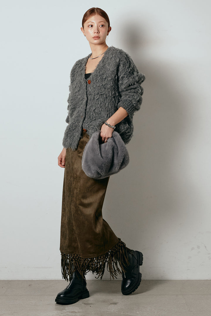 [SET]ルーズシャギーニットカーディガン+スウェードライク裾フリンジスカート(2set)