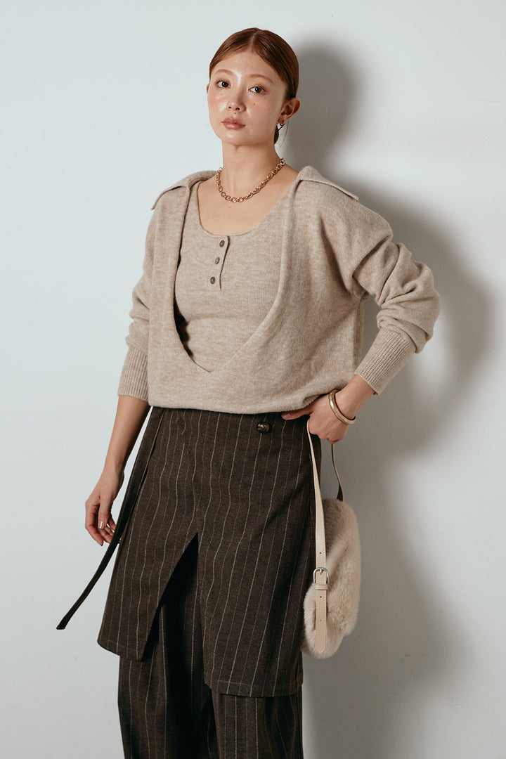 [SET]襟付きレイヤードニットトップス+細ストライプレイヤードデザインパンツ(2set)