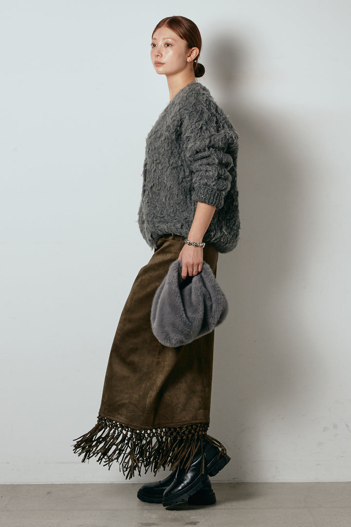 [SET]ルーズシャギーニットカーディガン+スウェードライク裾フリンジスカート(2set)