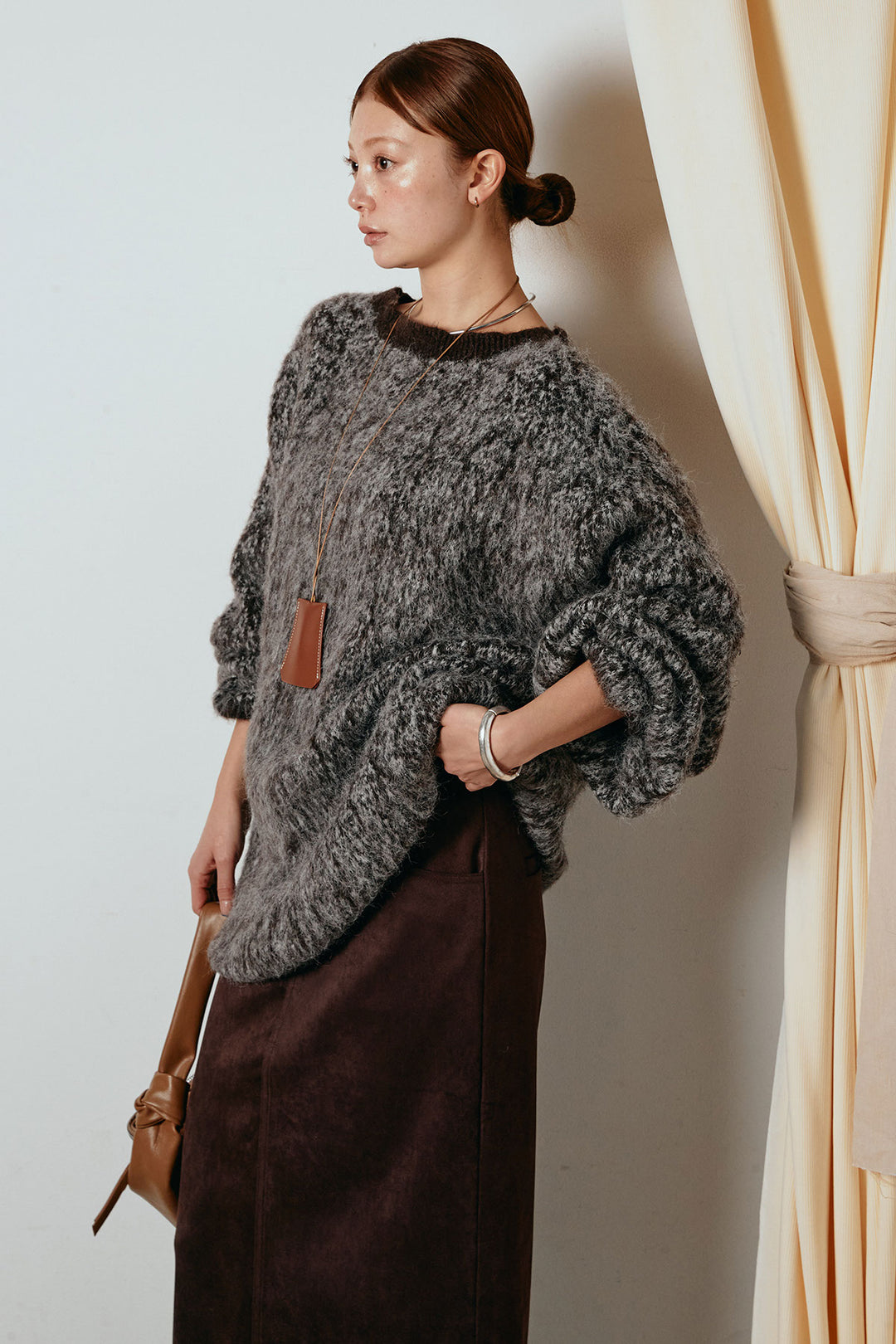 [SET]ボリュームスリーブミックスニットトップス+スウェードライク裾フリンジスカート(2set)