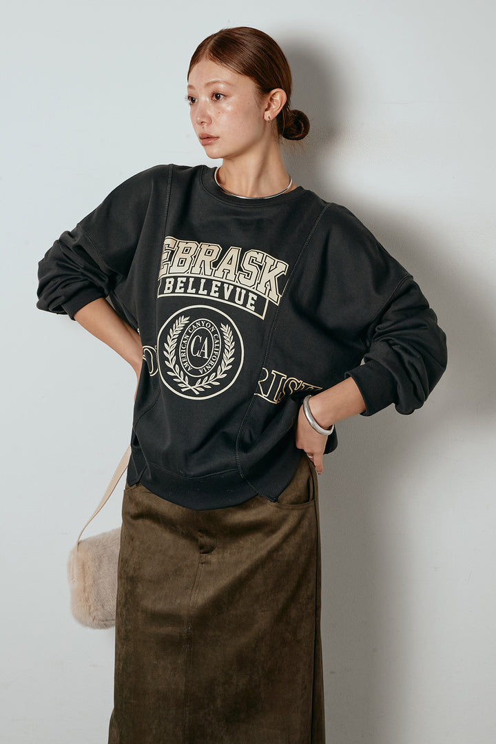 [SET]裏毛カレッジプリントプルオーバー+スウェードライク裾フリンジスカート(2set)