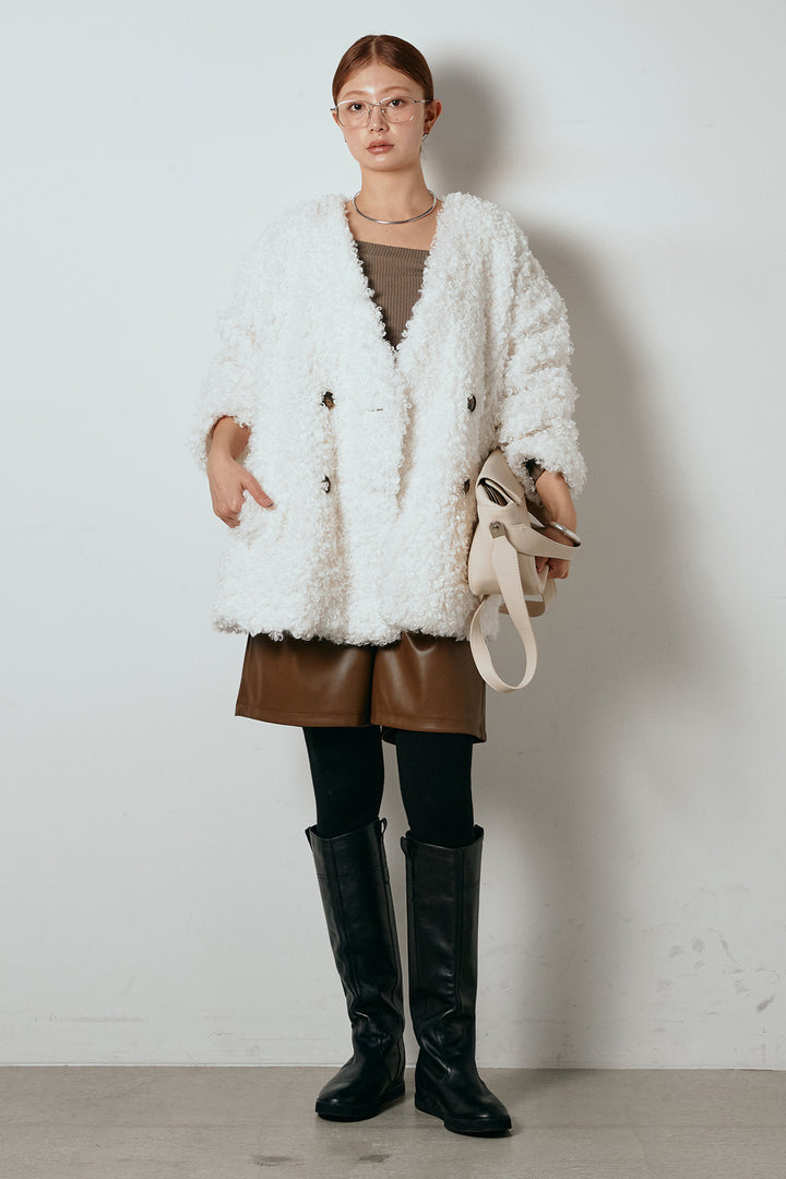 [SET]シープライクファージャケット+ストレッチエコレザーバミューダパンツ(2set)