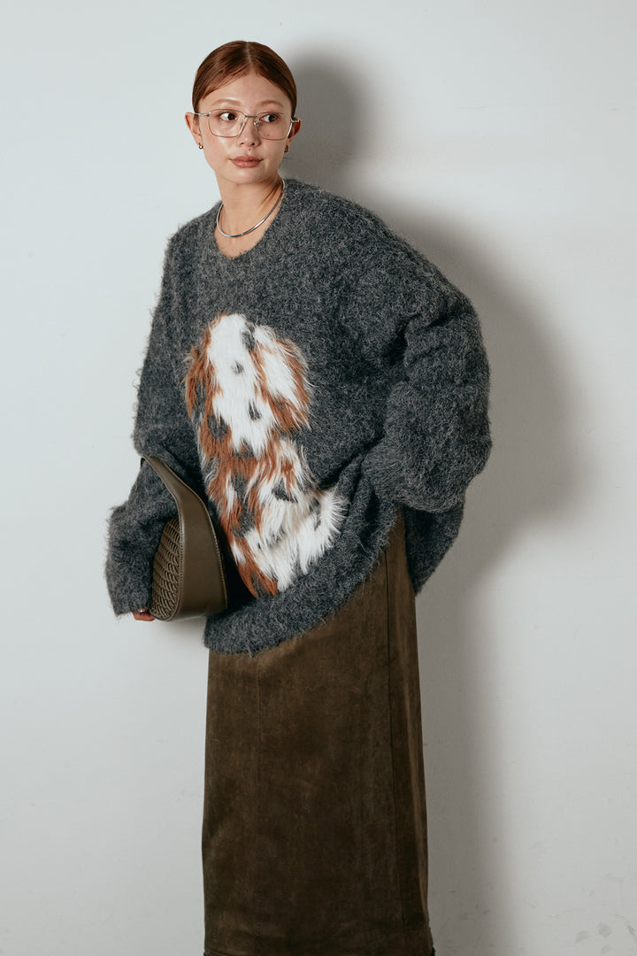 [SET]シャギーニュアンスアニマルニット+スウェードライク裾フリンジスカート(2set)