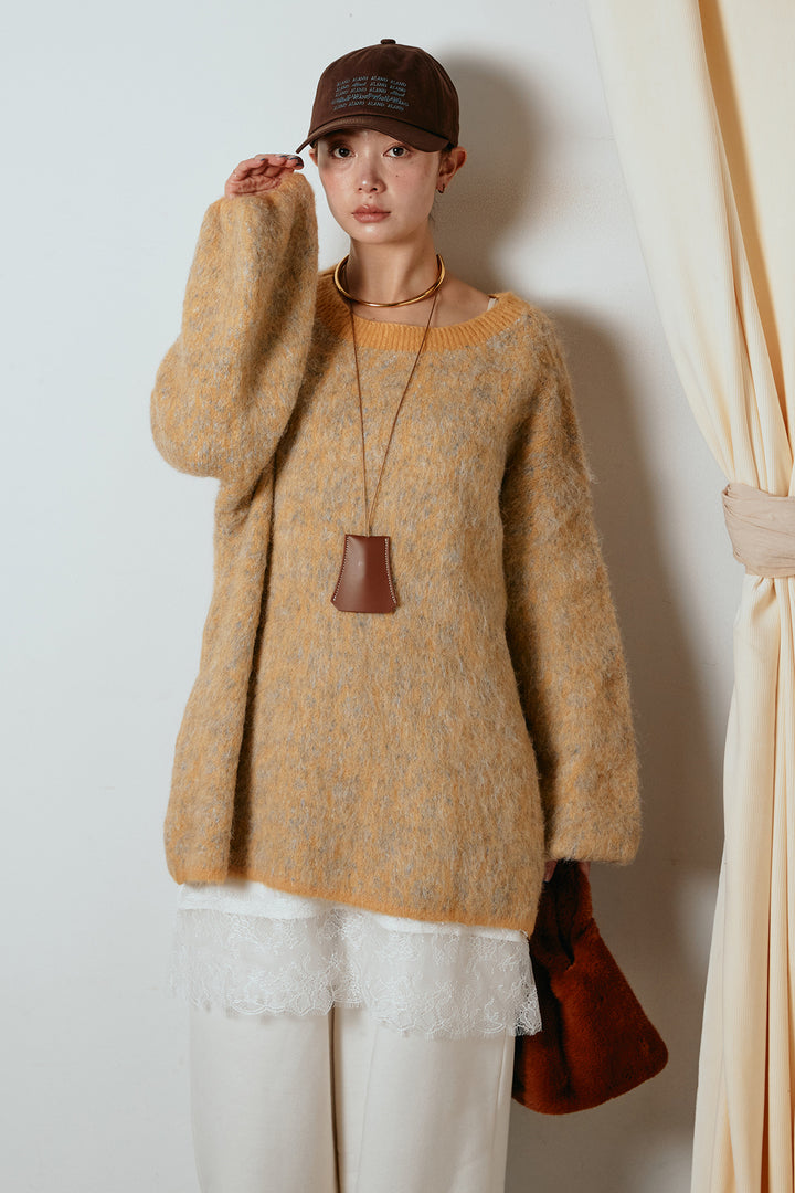 [SET]ボリュームスリーブミックスニットトップス+裏起毛スウェットワイドパンツ(2set)